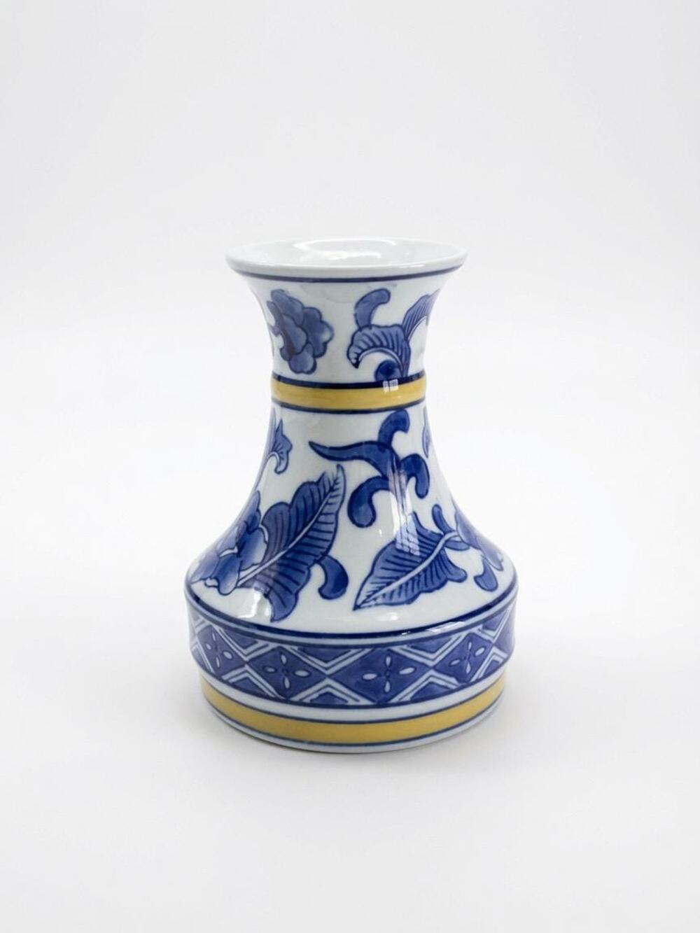 Blue White Porcelain Vase Gold Accent Bands Cobalt Floral Leaf Chinoiserie